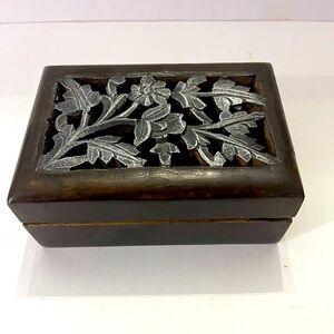 Carved Wooden Trinket Jewelry Box with Silver Floral Design